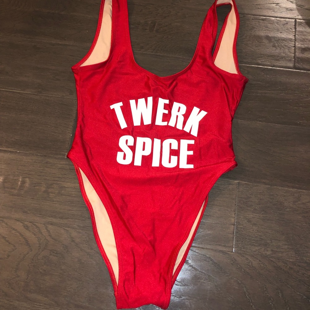 Red private party one piece bathing suit